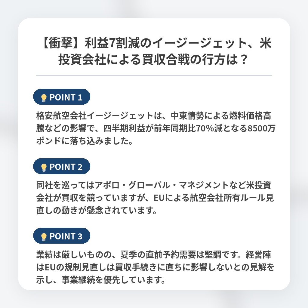 【衝撃】利益7割減のイージージェット、米投資会社による買収合戦の行方は?の注目ポイントまとめ