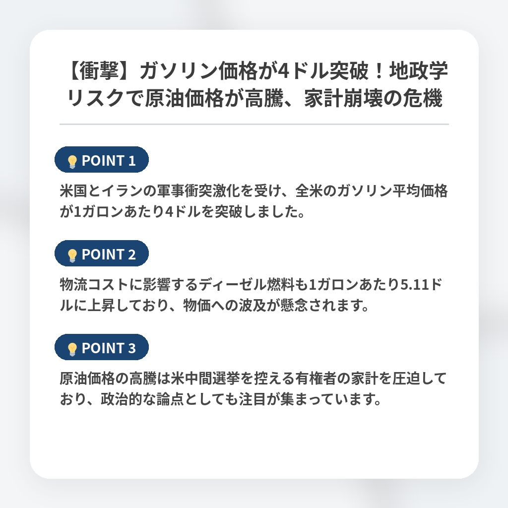 【衝撃】ガソリン価格が4ドル突破!地政学リスクで原油価格が高騰、家計崩壊の危機の注目ポイントまとめ