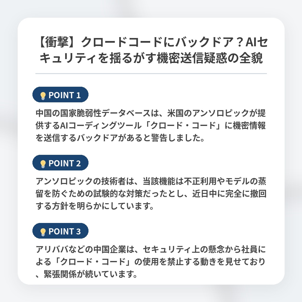 【衝撃】クロードコードにバックドア?AIセキュリティを揺るがす機密送信疑惑の全貌の注目ポイントまとめ