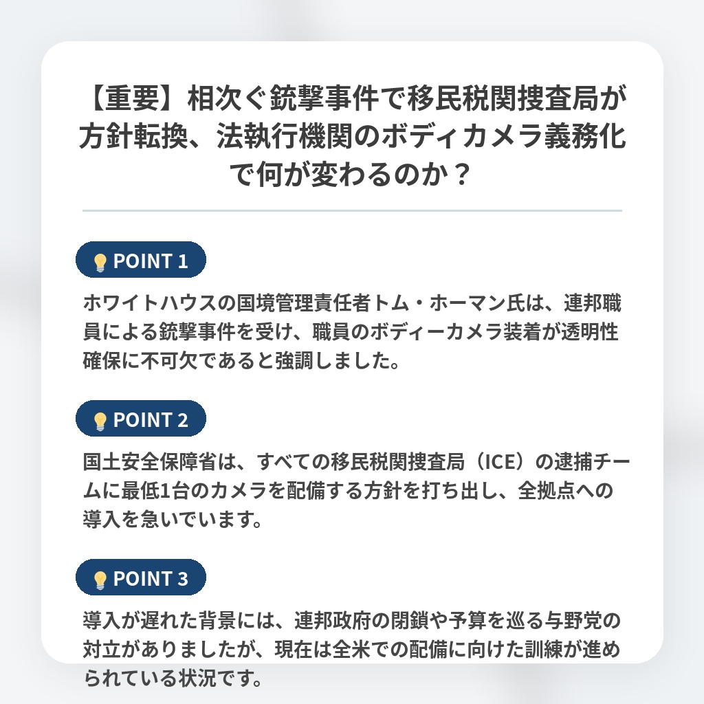 【重要】相次ぐ銃撃事件で移民税関捜査局が方針転換、法執行機関のボディカメラ義務化で何が変わるのか？の注目ポイントまとめ