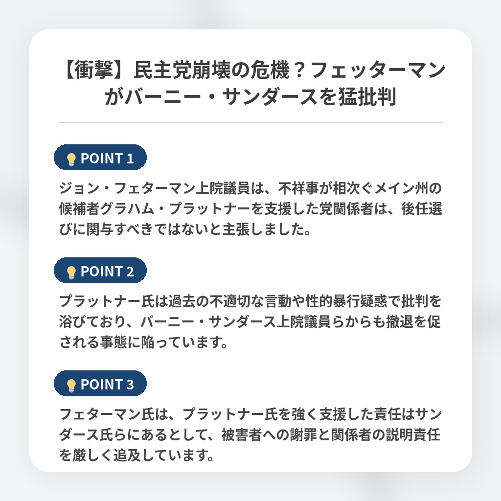 【衝撃】民主党崩壊の危機？フェッターマンがバーニー・サンダースを猛批判の注目ポイントまとめ