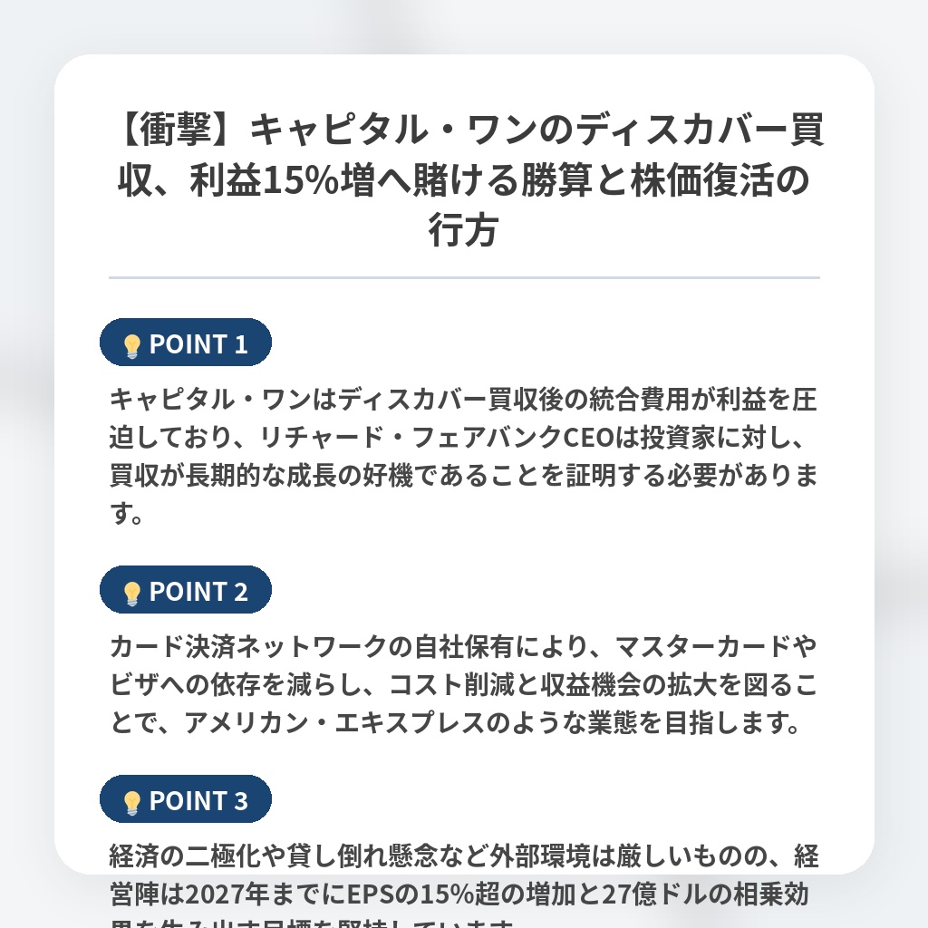 【衝撃】キャピタル・ワンのディスカバー買収、利益15%増へ賭ける勝算と株価復活の行方の注目ポイントまとめ