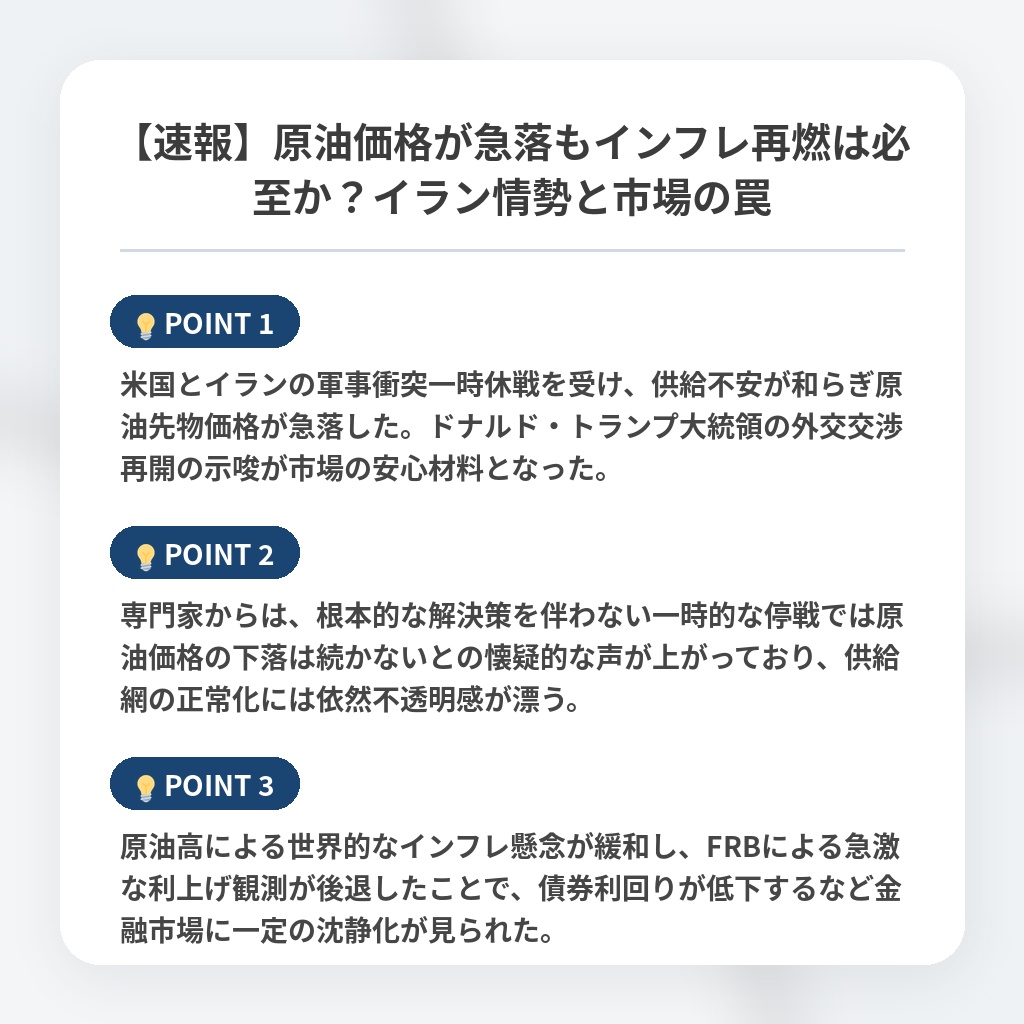 【速報】原油価格が急落もインフレ再燃は必至か？イラン情勢と市場の罠の注目ポイントまとめ