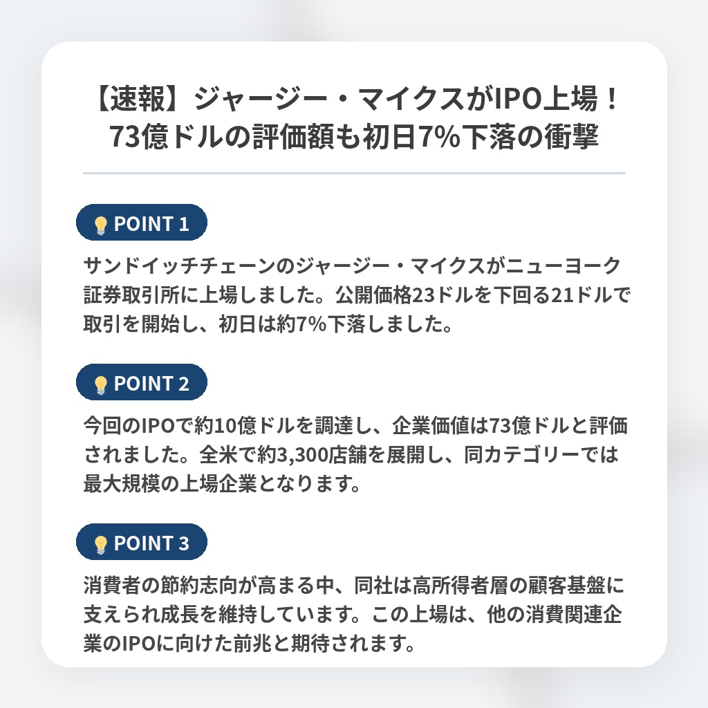 【速報】ジャージー・マイクスがIPO上場！73億ドルの評価額も初日7％下落の衝撃の注目ポイントまとめ