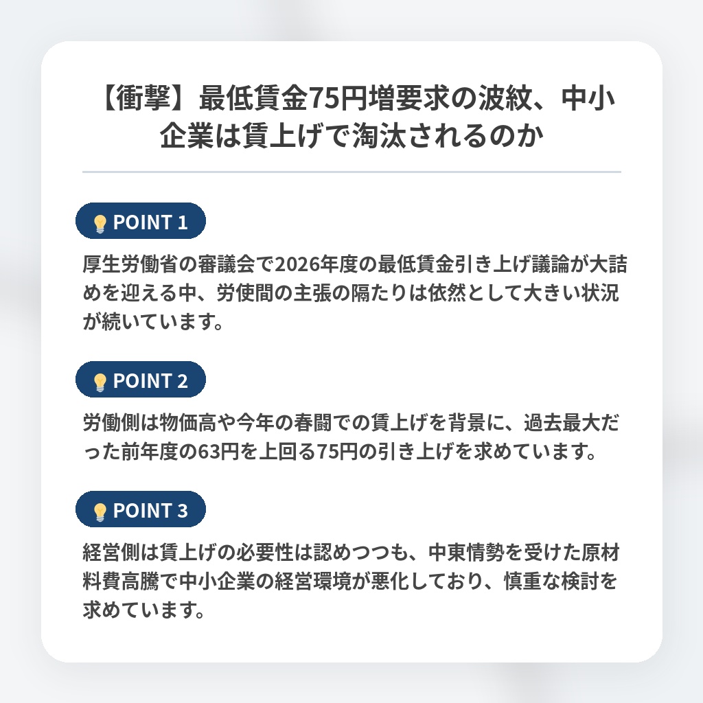 【衝撃】最低賃金75円増要求の波紋、中小企業は賃上げで淘汰されるのかの注目ポイントまとめ