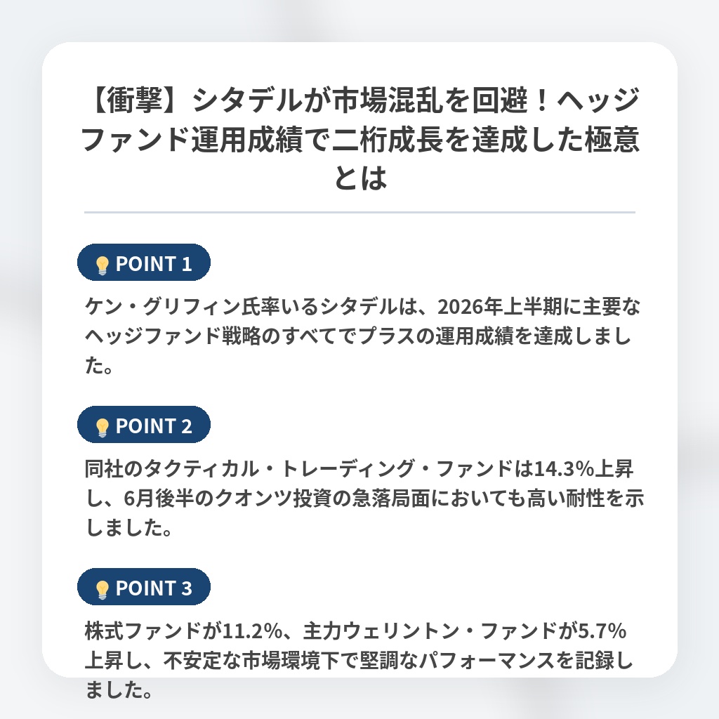 【衝撃】シタデルが市場混乱を回避!ヘッジファンド運用成績で二桁成長を達成した極意とはの注目ポイントまとめ