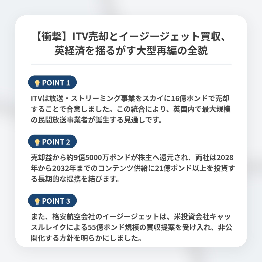 【衝撃】ITV売却とイージージェット買収、英経済を揺るがす大型再編の全貌の注目ポイントまとめ