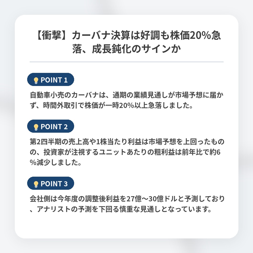 【衝撃】カーバナ決算は好調も株価20%急落、成長鈍化のサインかの注目ポイントまとめ