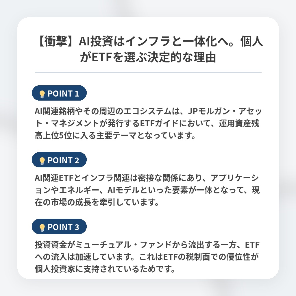 【衝撃】AI投資はインフラと一体化へ。個人がETFを選ぶ決定的な理由の注目ポイントまとめ