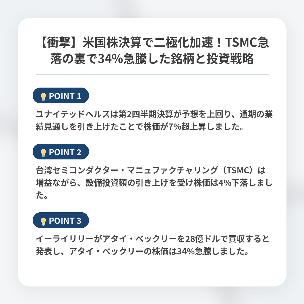 【衝撃】米国株決算で二極化加速！TSMC急落の裏で34%急騰した銘柄と投資戦略の注目ポイントまとめ