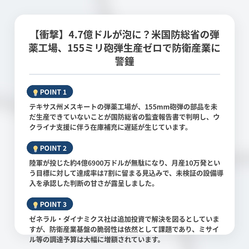 【衝撃】4.7億ドルが泡に?米国防総省の弾薬工場、155ミリ砲弾生産ゼロで防衛産業に警鐘の注目ポイントまとめ