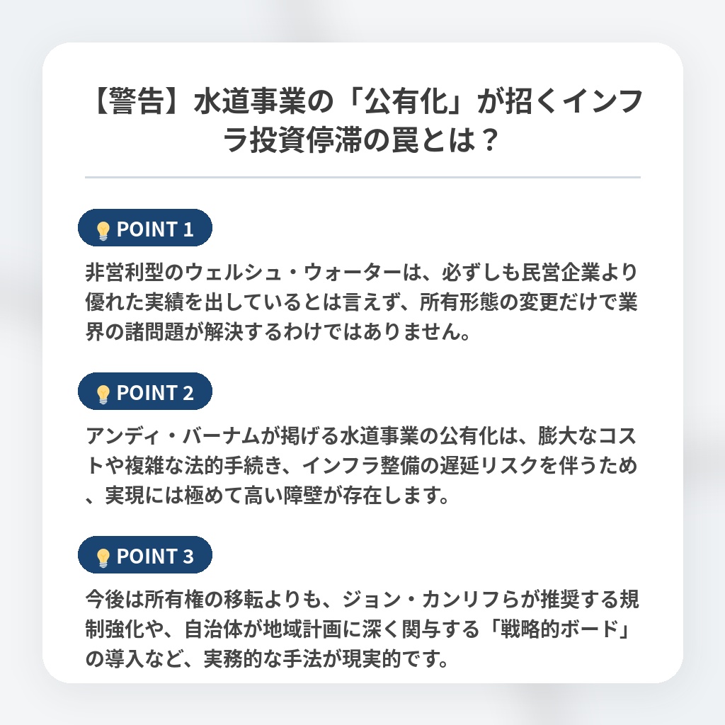【警告】水道事業の「公有化」が招くインフラ投資停滞の罠とは？の注目ポイントまとめ