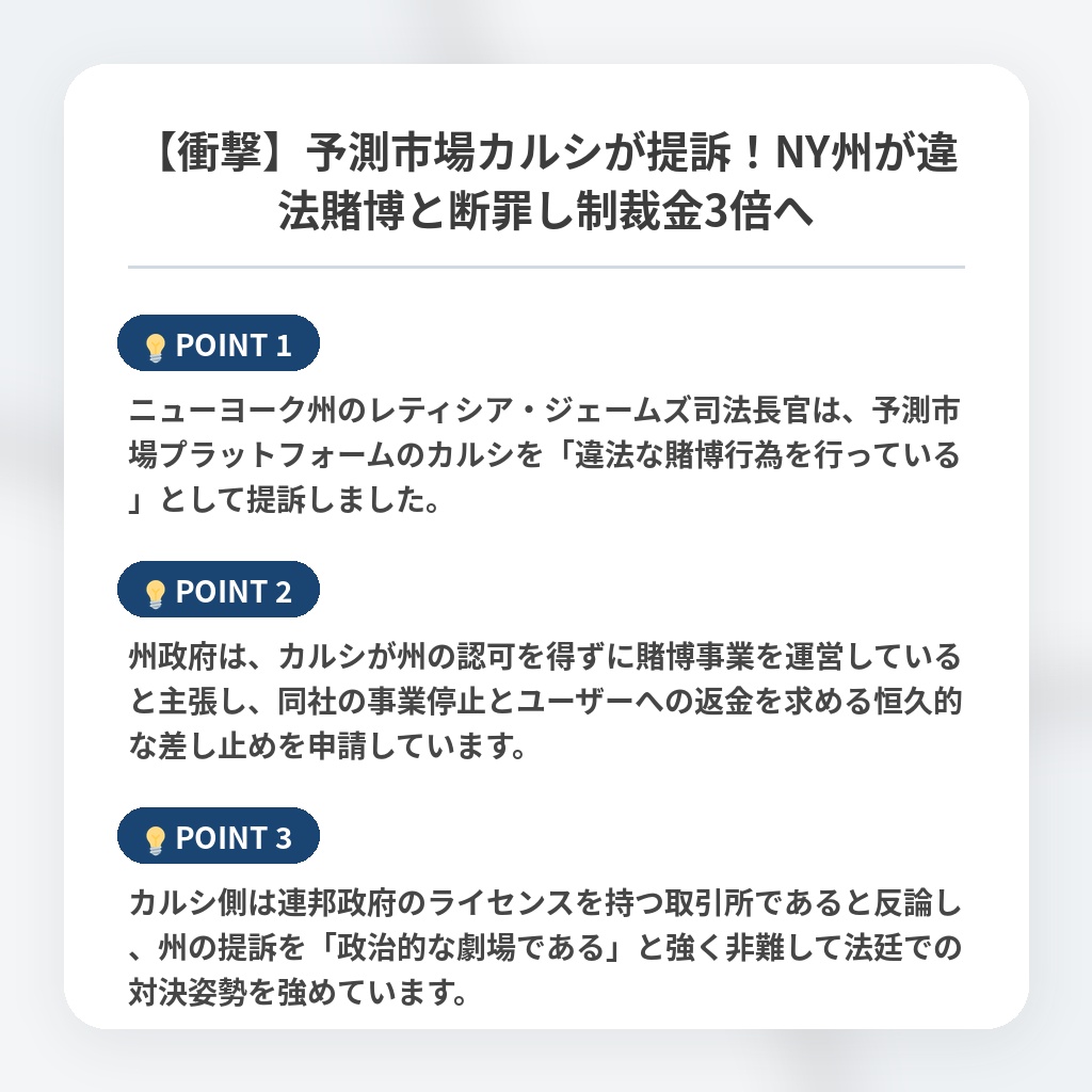 【衝撃】予測市場カルシが提訴!NY州が違法賭博と断罪し制裁金3倍への注目ポイントまとめ