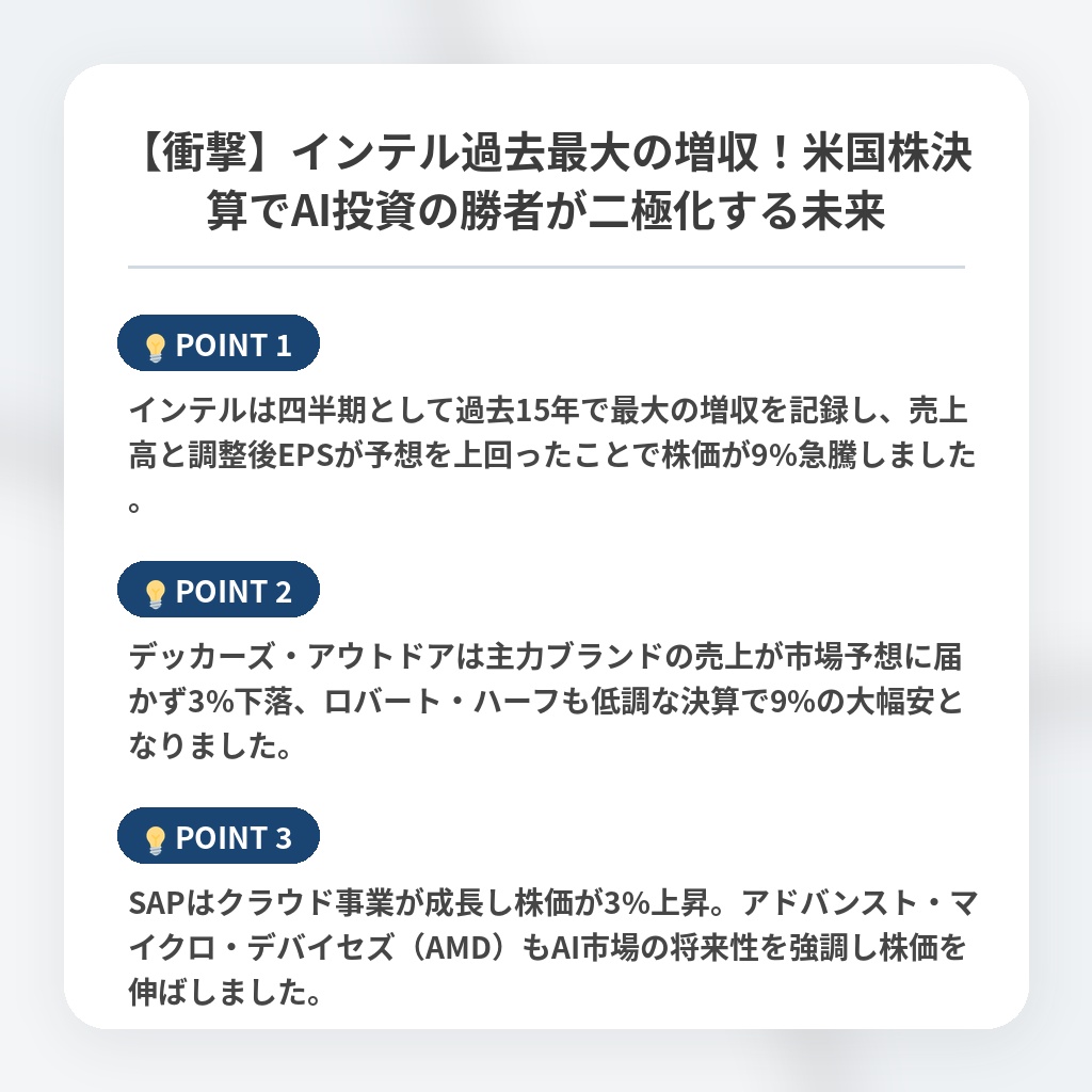 【衝撃】インテル過去最大の増収！米国株決算でAI投資の勝者が二極化する未来の注目ポイントまとめ