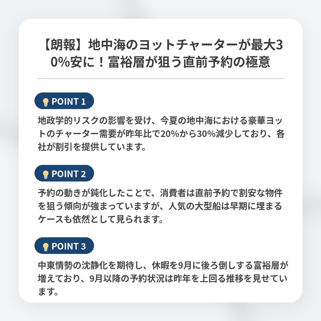 【朗報】地中海のヨットチャーターが最大30%安に！富裕層が狙う直前予約の極意の注目ポイントまとめ