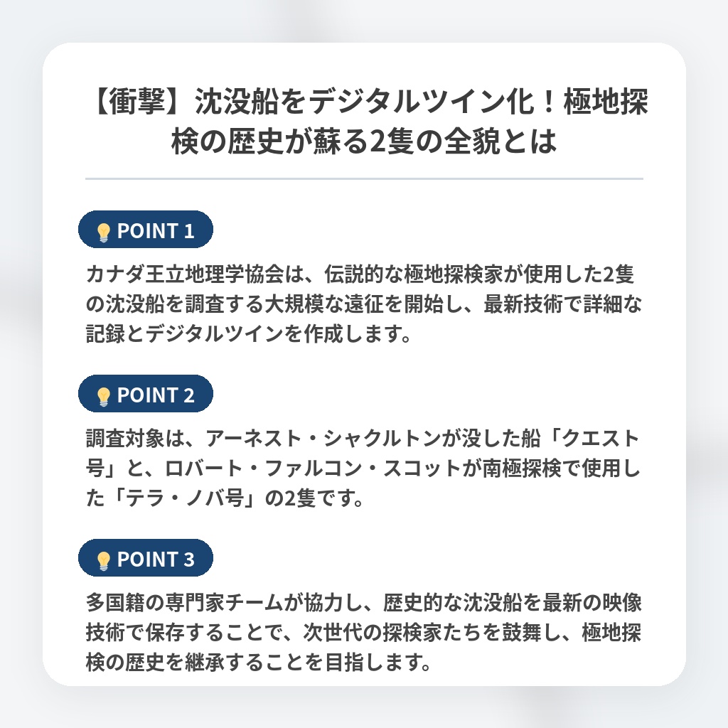 【衝撃】沈没船をデジタルツイン化!極地探検の歴史が蘇る2隻の全貌とはの注目ポイントまとめ