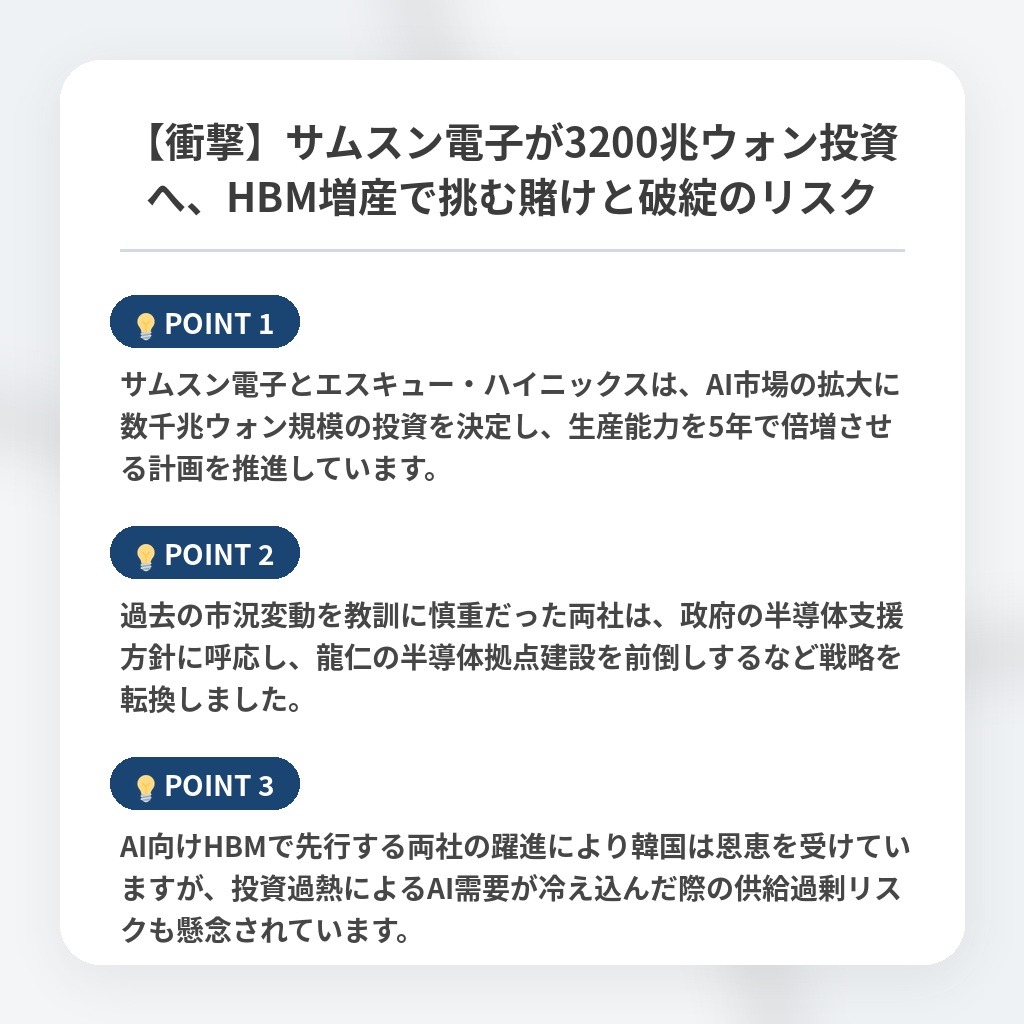 【衝撃】サムスン電子が3200兆ウォン投資へ、HBM増産で挑む賭けと破綻のリスクの注目ポイントまとめ