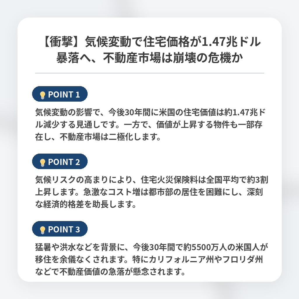 【衝撃】気候変動で住宅価格が1.47兆ドル暴落へ、不動産市場は崩壊の危機かの注目ポイントまとめ