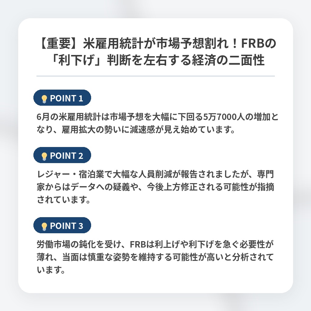【重要】米雇用統計が市場予想割れ!FRBの「利下げ」判断を左右する経済の二面性の注目ポイントまとめ