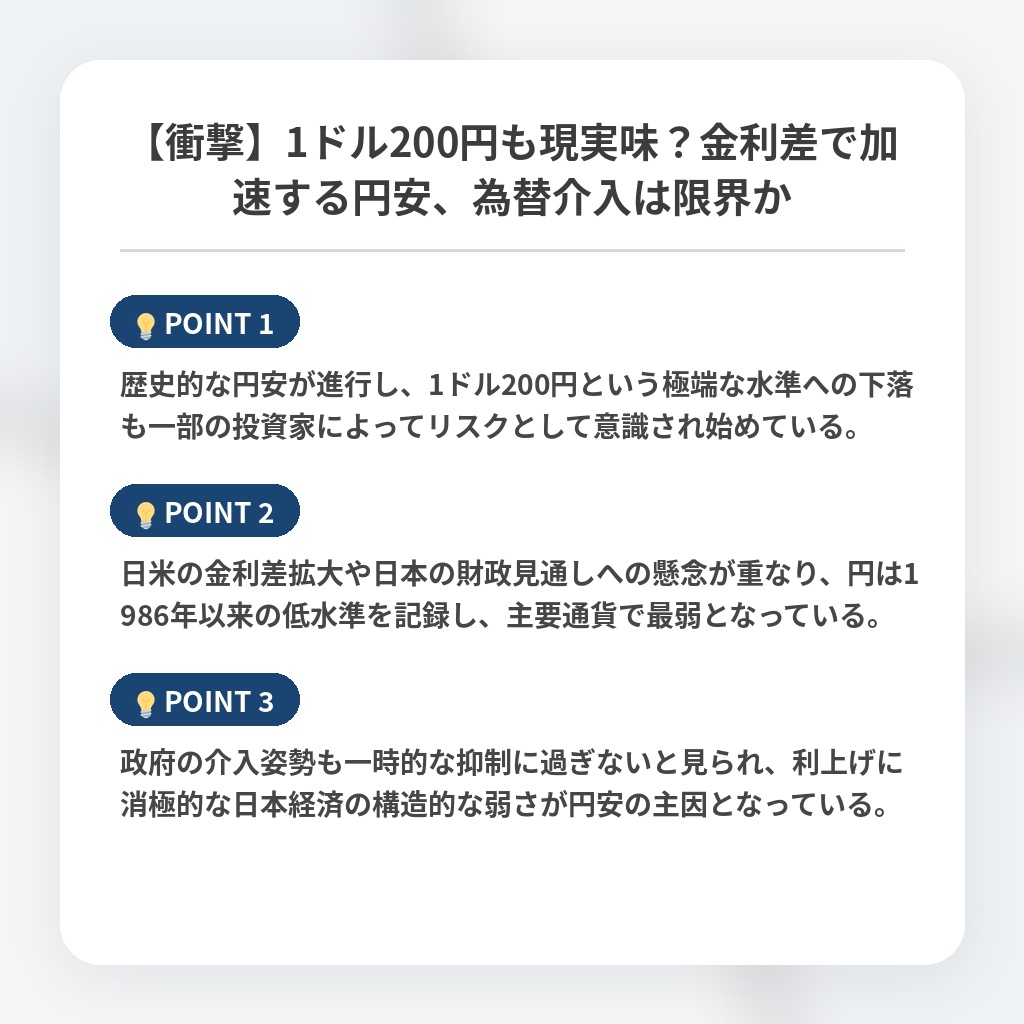 【衝撃】1ドル200円も現実味？金利差で加速する円安、為替介入は限界かの注目ポイントまとめ