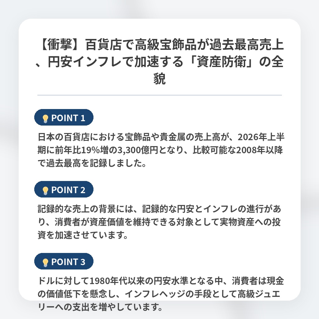 【衝撃】百貨店で高級宝飾品が過去最高売上、円安インフレで加速する「資産防衛」の全貌の注目ポイントまとめ
