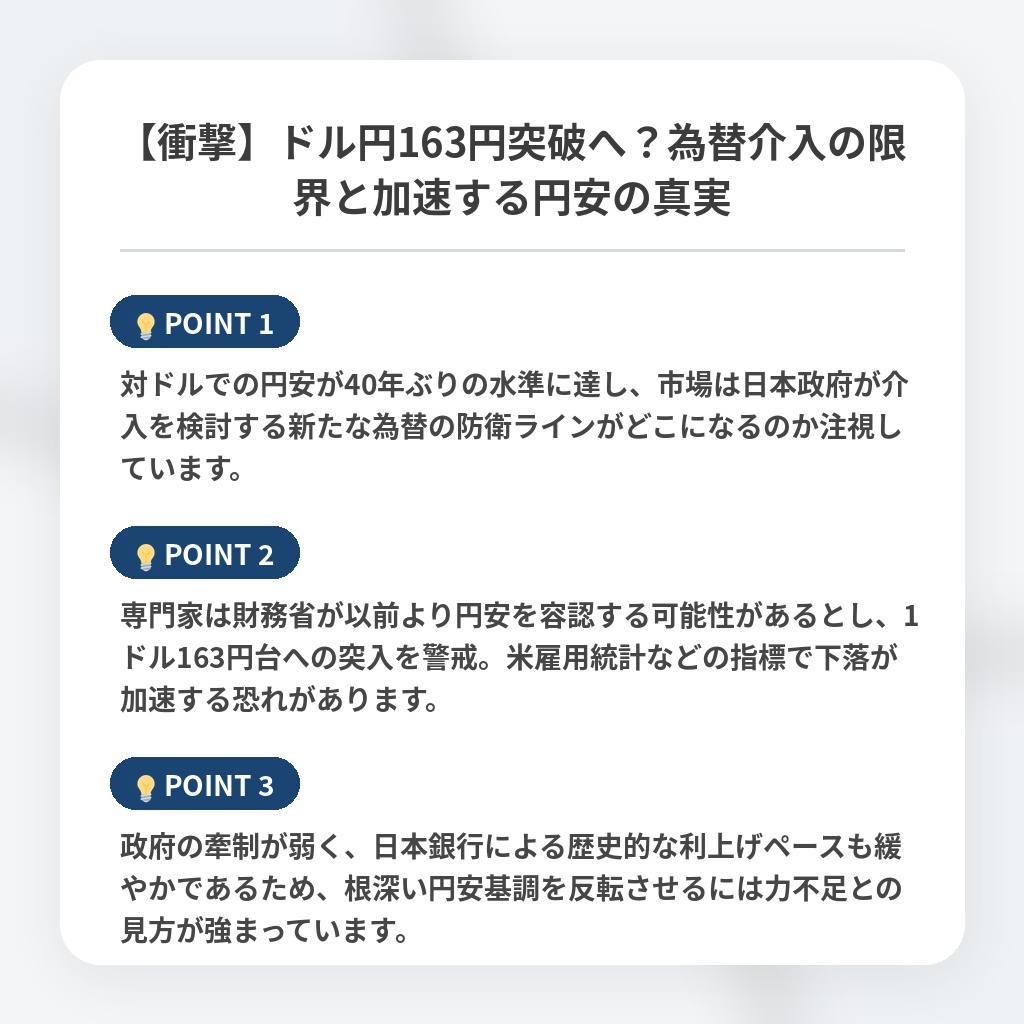 【衝撃】ドル円163円突破へ?為替介入の限界と加速する円安の真実の注目ポイントまとめ