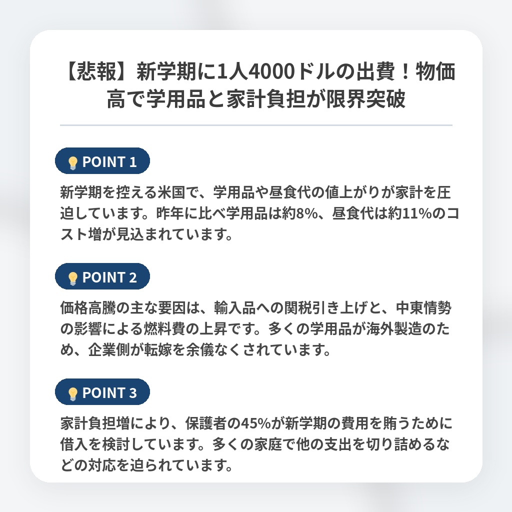 【悲報】新学期に1人4000ドルの出費！物価高で学用品と家計負担が限界突破の注目ポイントまとめ