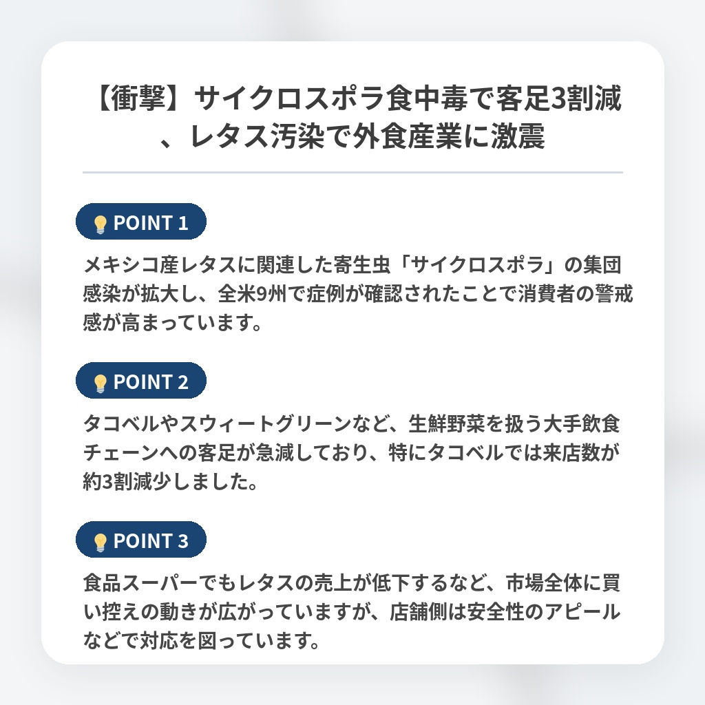 【衝撃】サイクロスポラ食中毒で客足3割減、レタス汚染で外食産業に激震の注目ポイントまとめ
