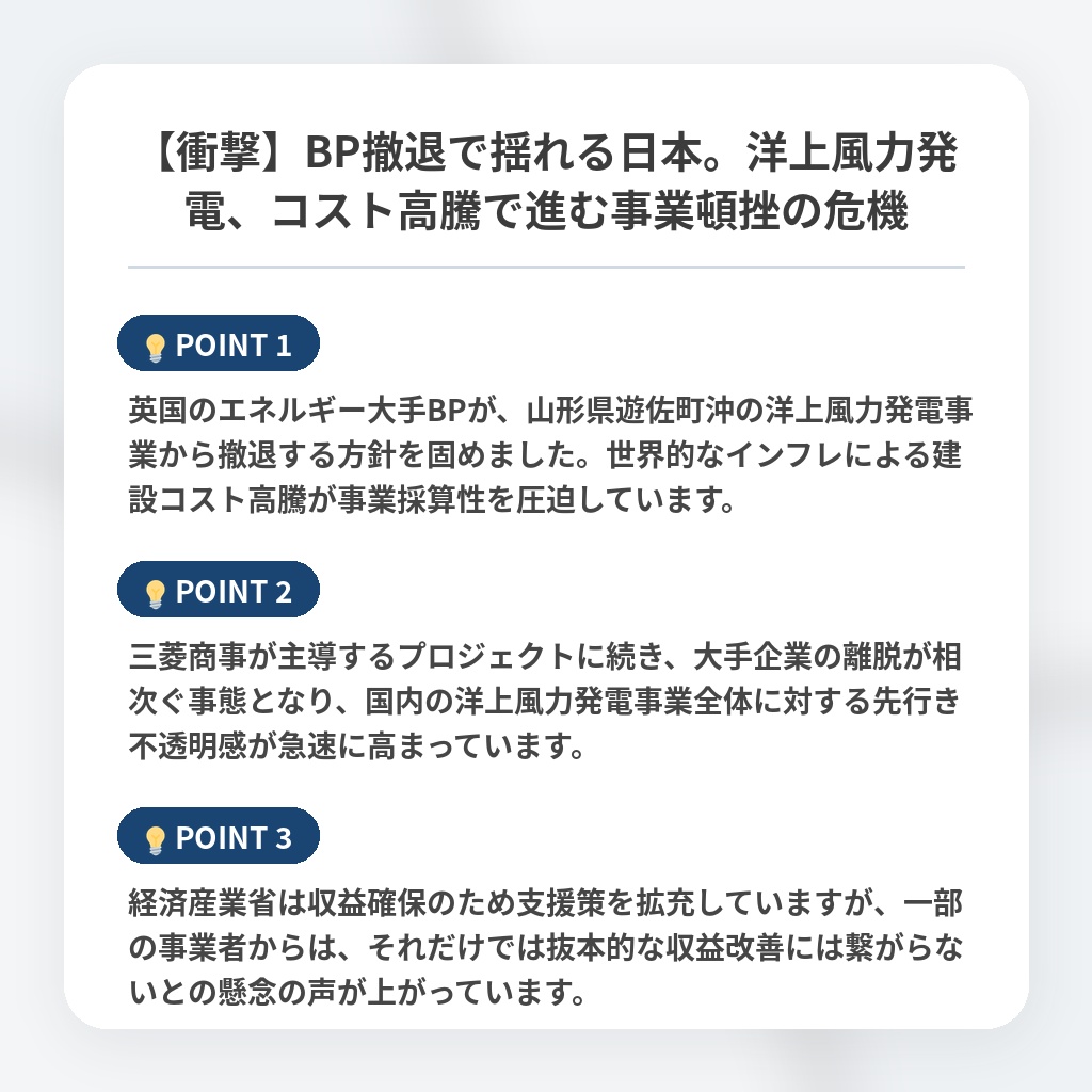 【衝撃】BP撤退で揺れる日本。洋上風力発電、コスト高騰で進む事業頓挫の危機の注目ポイントまとめ