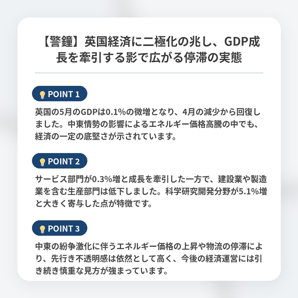 【警鐘】英国経済に二極化の兆し、GDP成長を牽引する影で広がる停滞の実態の注目ポイントまとめ