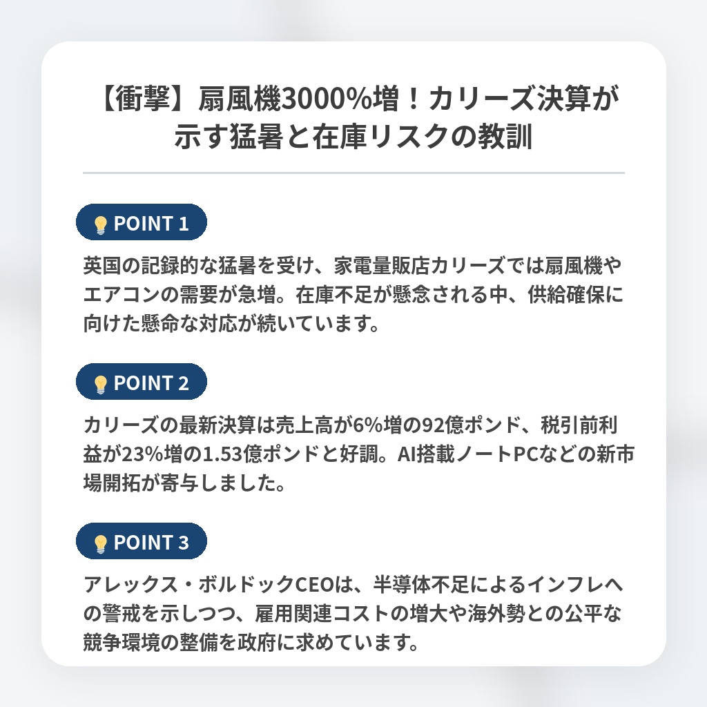 【衝撃】扇風機3000%増！カリーズ決算が示す猛暑と在庫リスクの教訓の注目ポイントまとめ