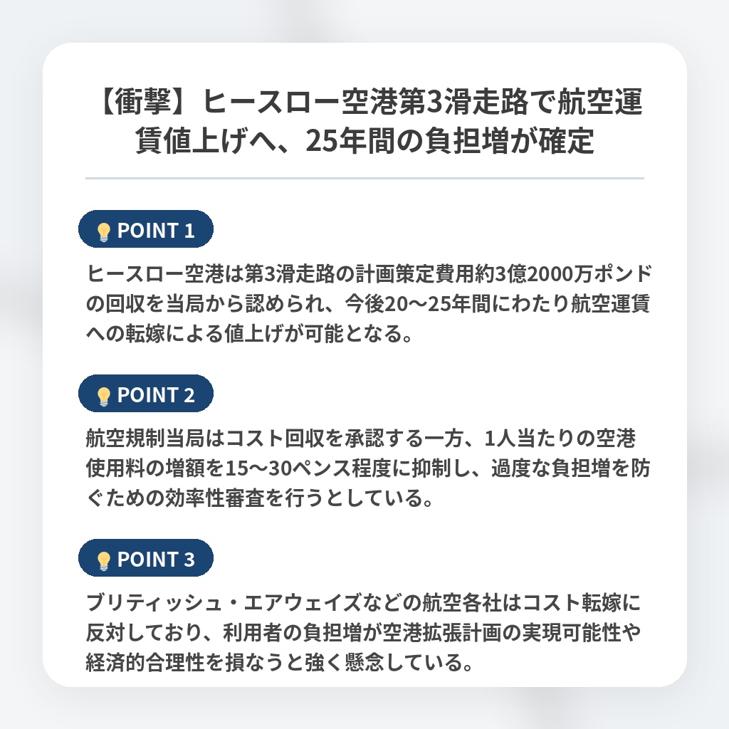 【衝撃】ヒースロー空港第3滑走路で航空運賃値上げへ、25年間の負担増が確定の注目ポイントまとめ