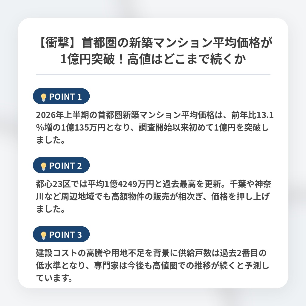 【衝撃】首都圏の新築マンション平均価格が1億円突破！高値はどこまで続くかの注目ポイントまとめ