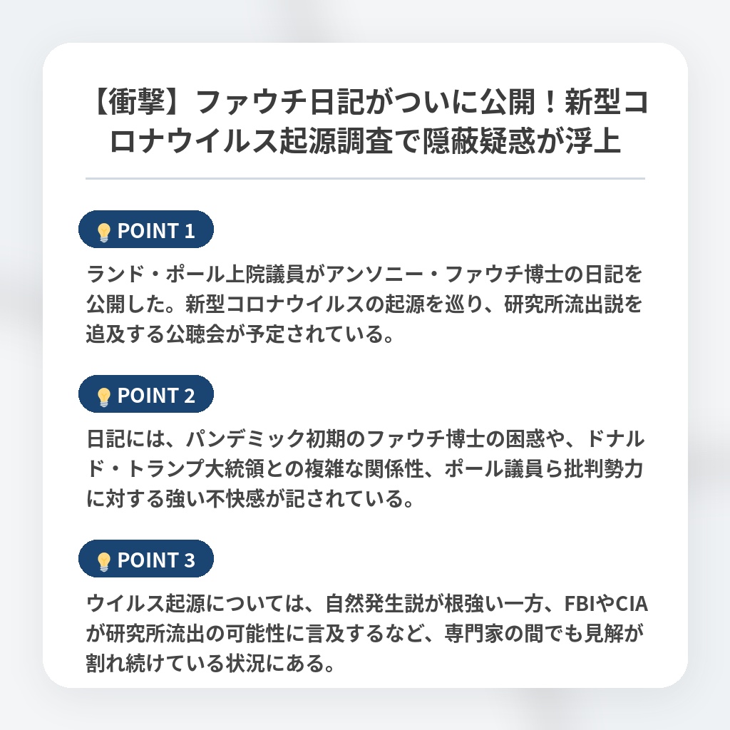 【衝撃】ファウチ日記がついに公開！新型コロナウイルス起源調査で隠蔽疑惑が浮上の注目ポイントまとめ