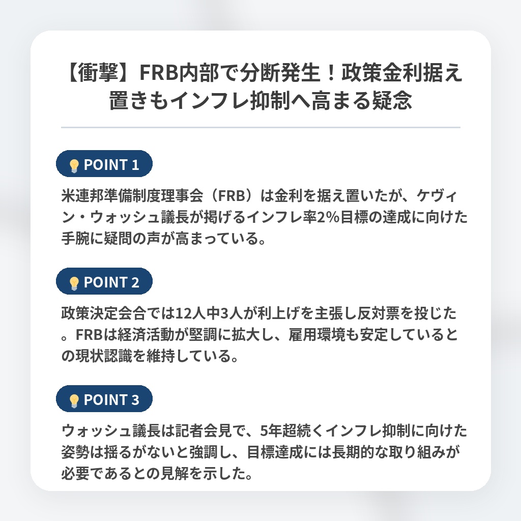 【衝撃】FRB内部で分断発生！政策金利据え置きもインフレ抑制へ高まる疑念の注目ポイントまとめ