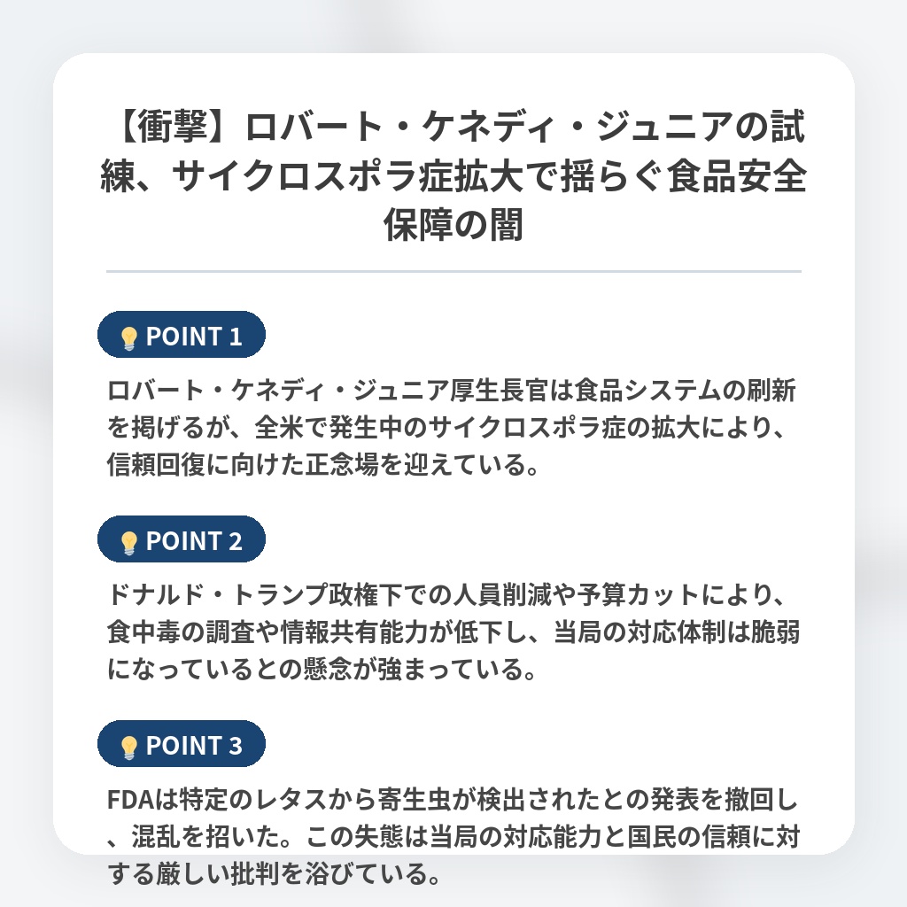 【衝撃】ロバート・ケネディ・ジュニアの試練、サイクロスポラ症拡大で揺らぐ食品安全保障の闇の注目ポイントまとめ
