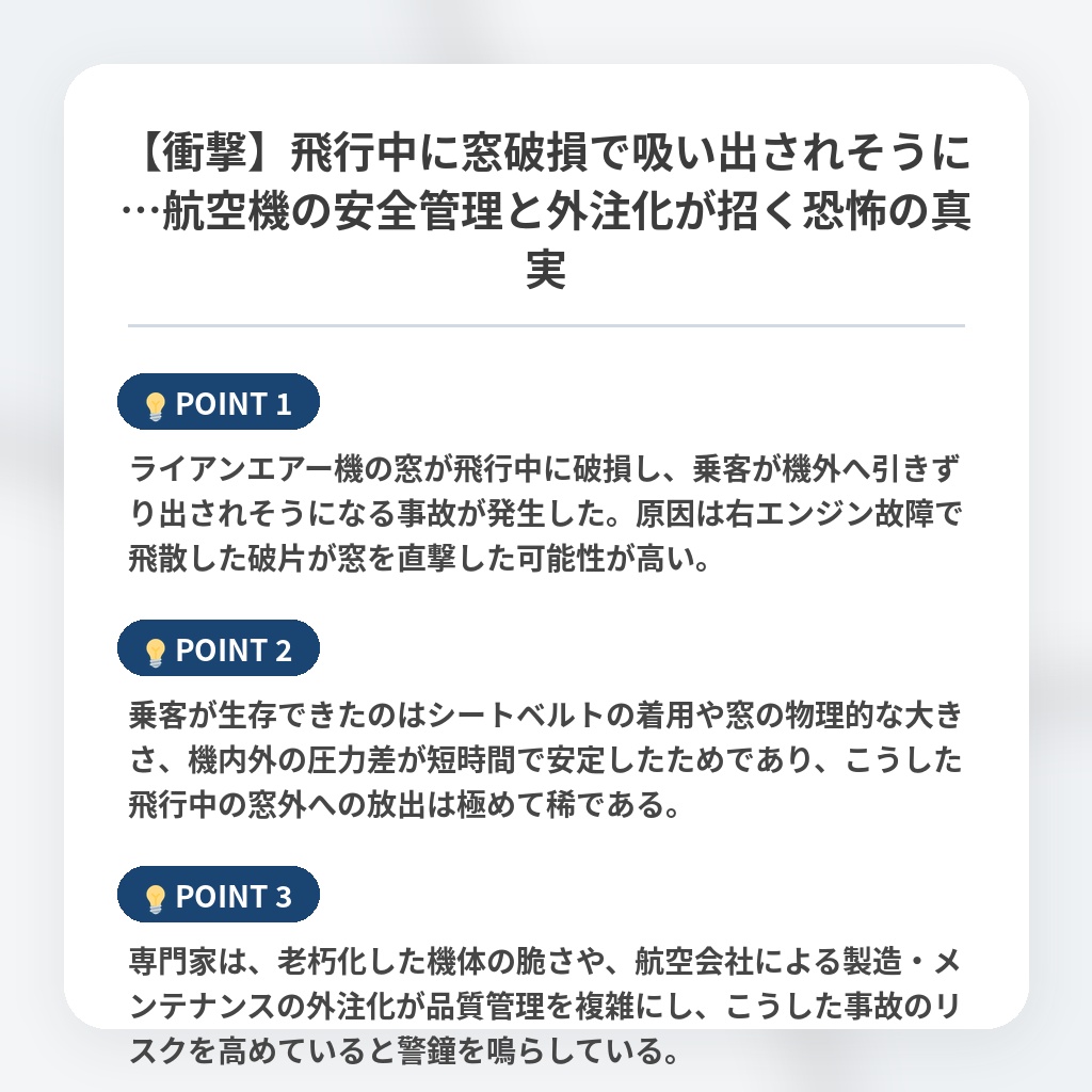 【衝撃】飛行中に窓破損で吸い出されそうに…航空機の安全管理と外注化が招く恐怖の真実の注目ポイントまとめ