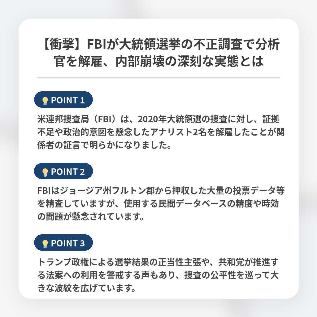 【衝撃】FBIが大統領選挙の不正調査で分析官を解雇、内部崩壊の深刻な実態とはの注目ポイントまとめ