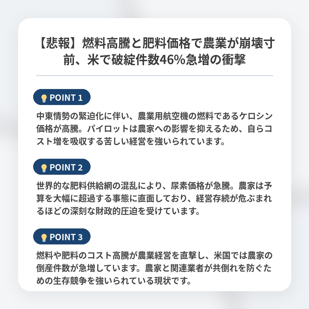 【悲報】燃料高騰と肥料価格で農業が崩壊寸前、米で破綻件数46%急増の衝撃の注目ポイントまとめ