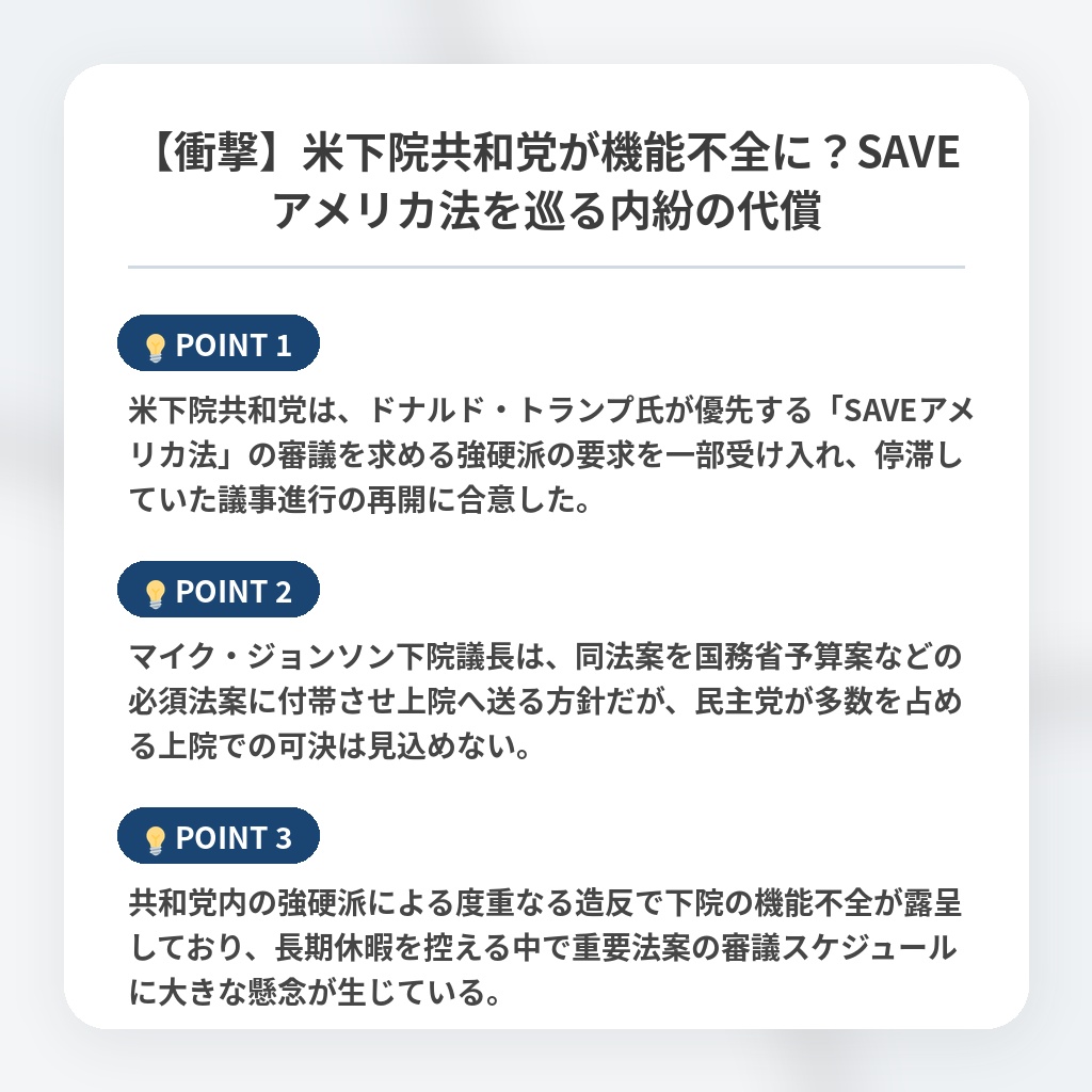 【衝撃】米下院共和党が機能不全に?SAVEアメリカ法を巡る内紛の代償の注目ポイントまとめ