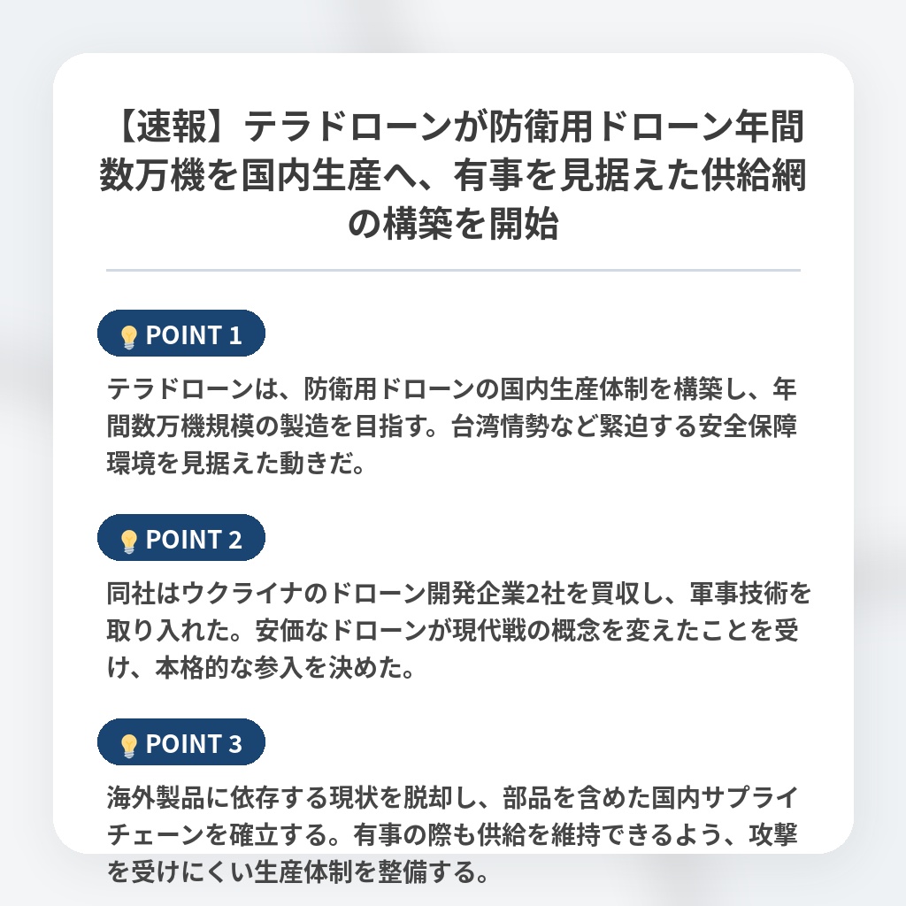【速報】テラドローンが防衛用ドローン年間数万機を国内生産へ、有事を見据えた供給網の構築を開始の注目ポイントまとめ