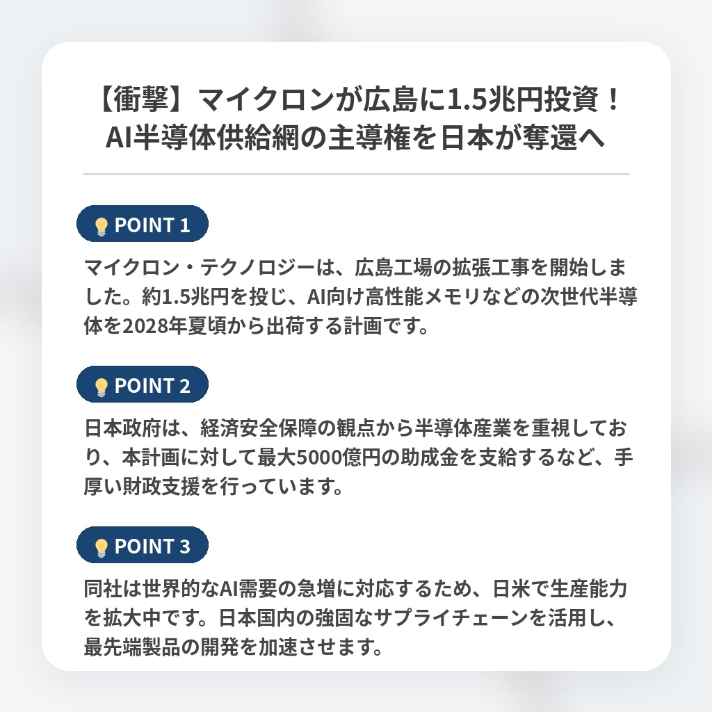 【衝撃】マイクロンが広島に1.5兆円投資！AI半導体供給網の主導権を日本が奪還への注目ポイントまとめ