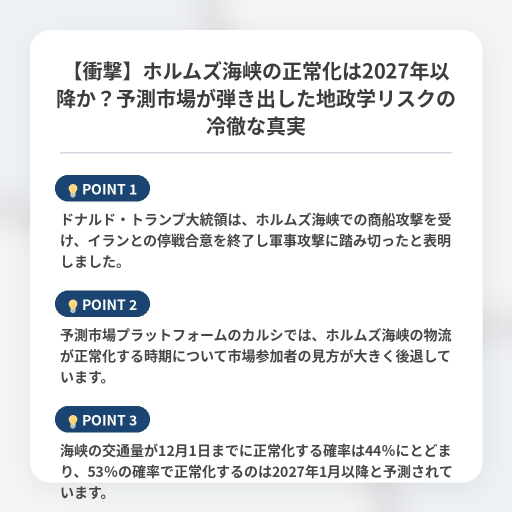 【衝撃】ホルムズ海峡の正常化は2027年以降か？予測市場が弾き出した地政学リスクの冷徹な真実の注目ポイントまとめ