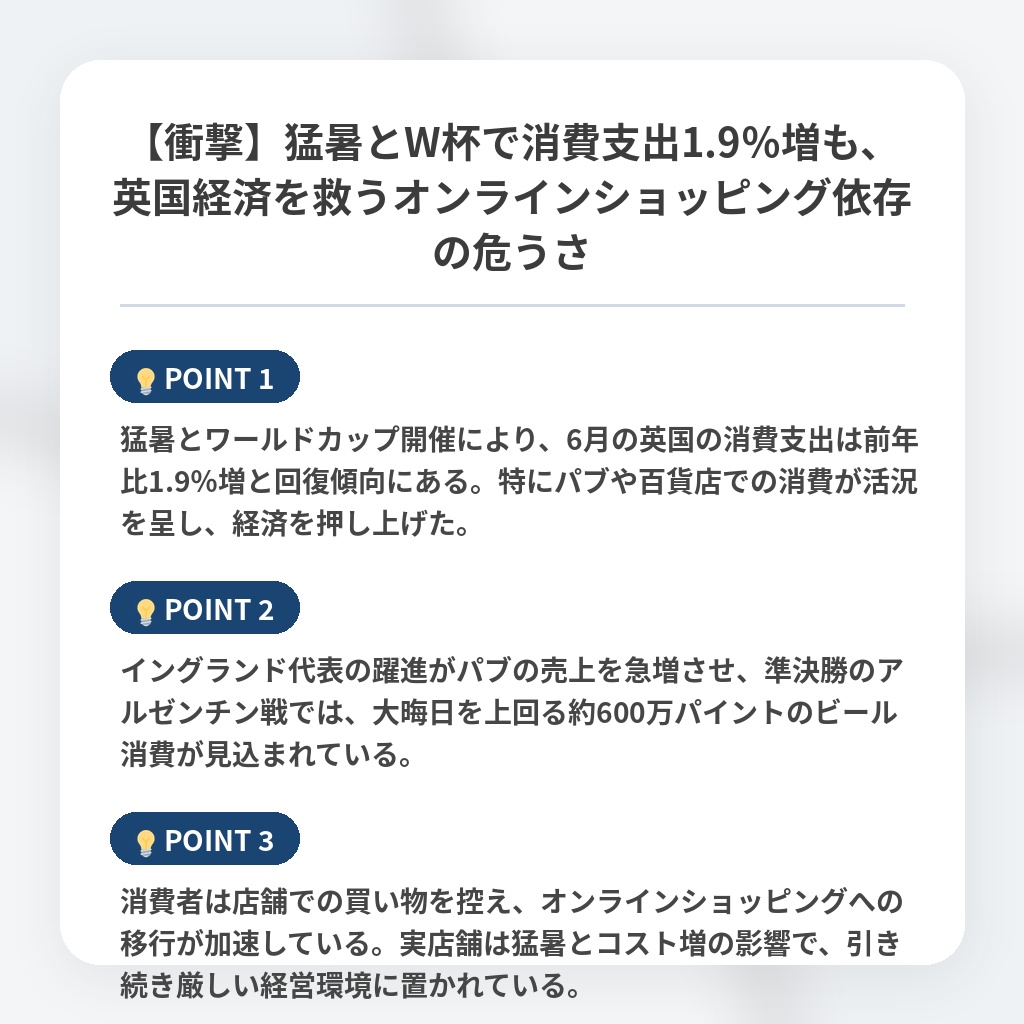 【衝撃】猛暑とW杯で消費支出1.9％増も、英国経済を救うオンラインショッピング依存の危うさの注目ポイントまとめ
