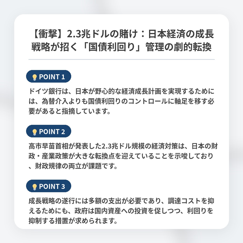 【衝撃】2.3兆ドルの賭け：日本経済の成長戦略が招く「国債利回り」管理の劇的転換の注目ポイントまとめ