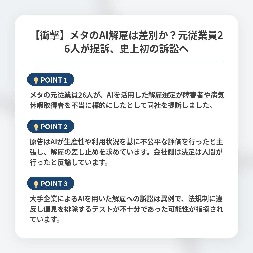 【衝撃】メタのAI解雇は差別か？元従業員26人が提訴、史上初の訴訟への注目ポイントまとめ