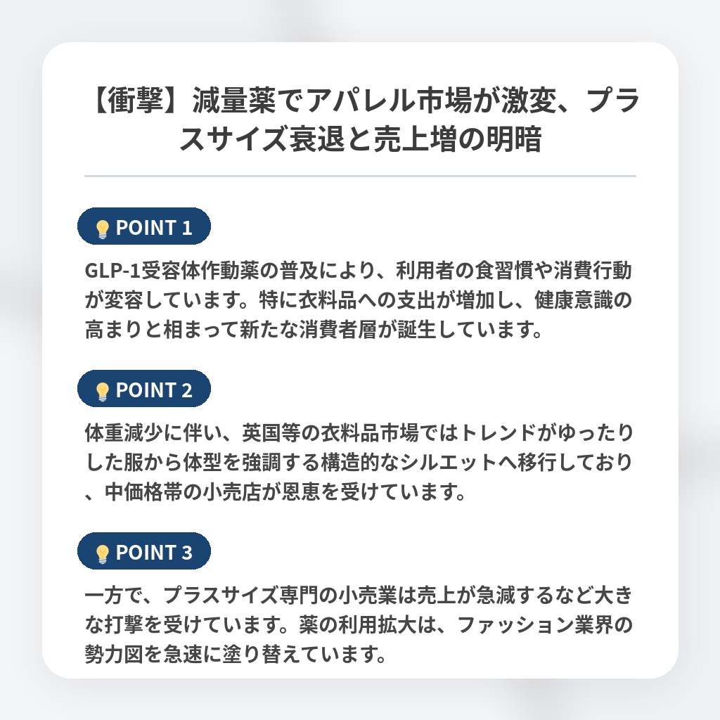 【衝撃】減量薬でアパレル市場が激変、プラスサイズ衰退と売上増の明暗の注目ポイントまとめ