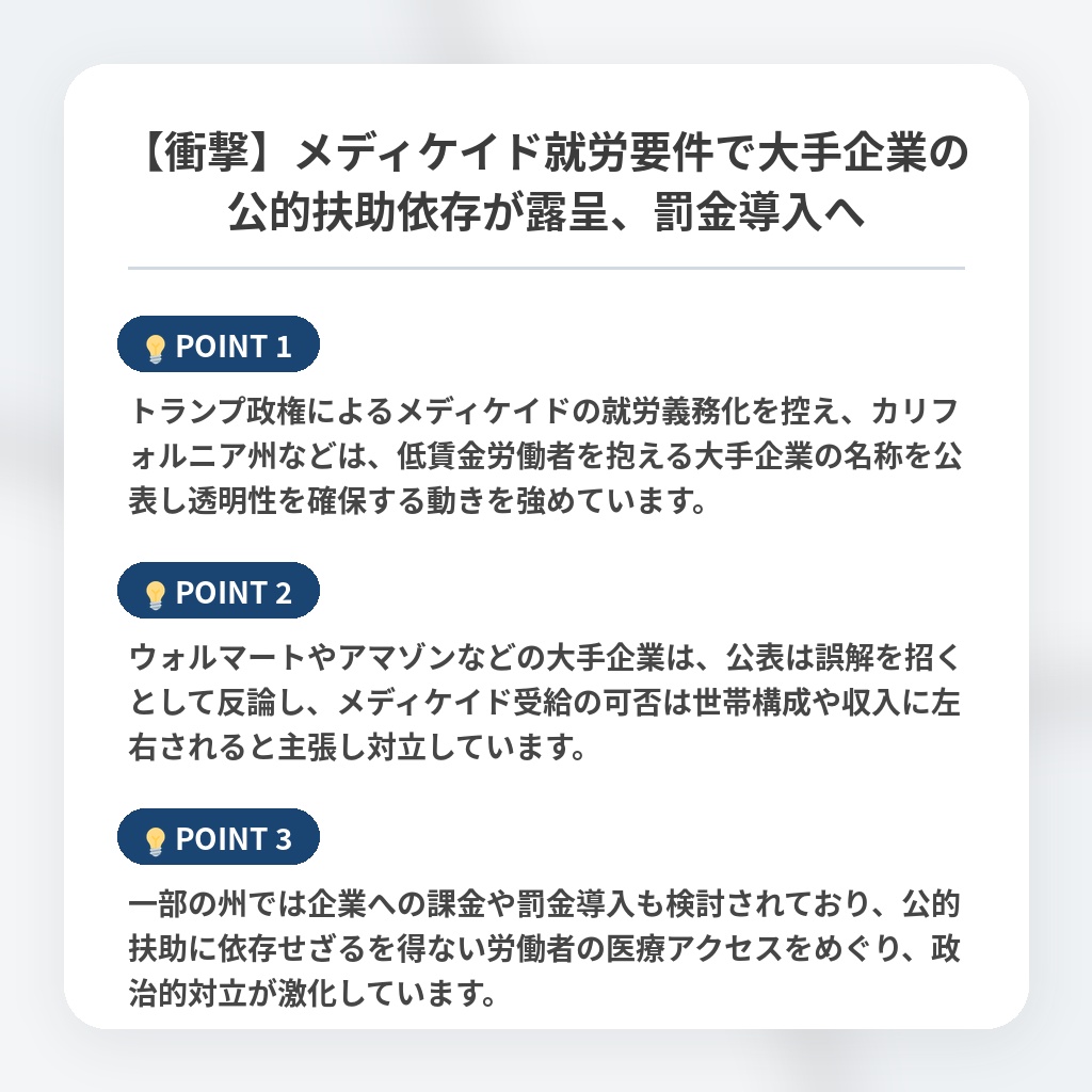 【衝撃】メディケイド就労要件で大手企業の公的扶助依存が露呈、罰金導入への注目ポイントまとめ