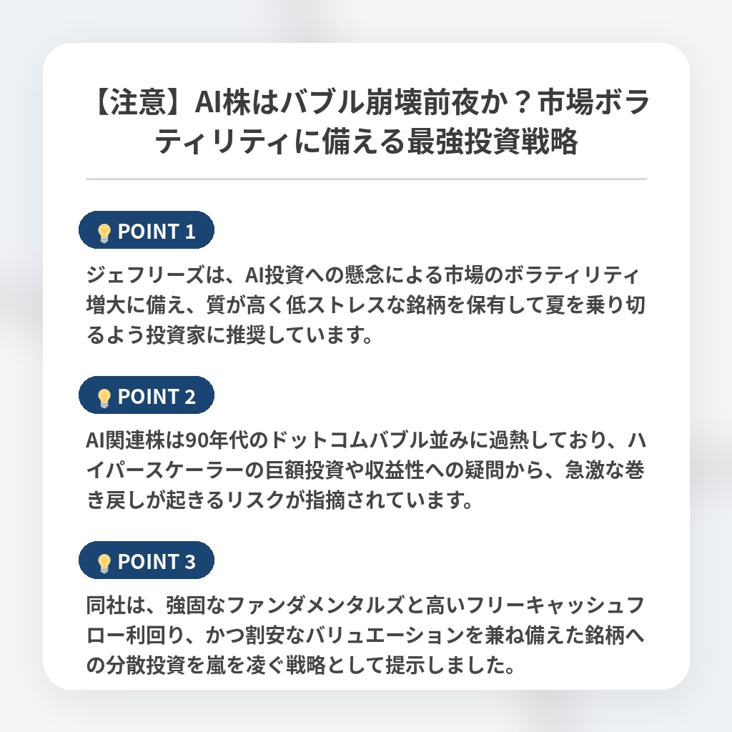 【注意】AI株はバブル崩壊前夜か？市場ボラティリティに備える最強投資戦略の注目ポイントまとめ