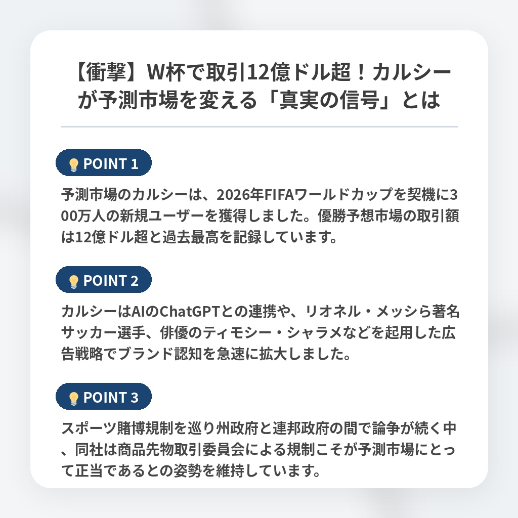 【衝撃】W杯で取引12億ドル超!カルシーが予測市場を変える「真実の信号」とはの注目ポイントまとめ